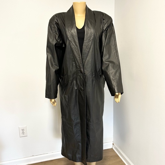 Vintage‎ 80s COMINT Black Leather Trench Coat Size Large - Picture 1 of 12